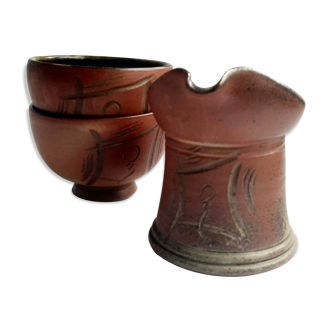 Puisaye Sandstone Coffee Service - Marina Tellier - Signed - Decorated with ideograms