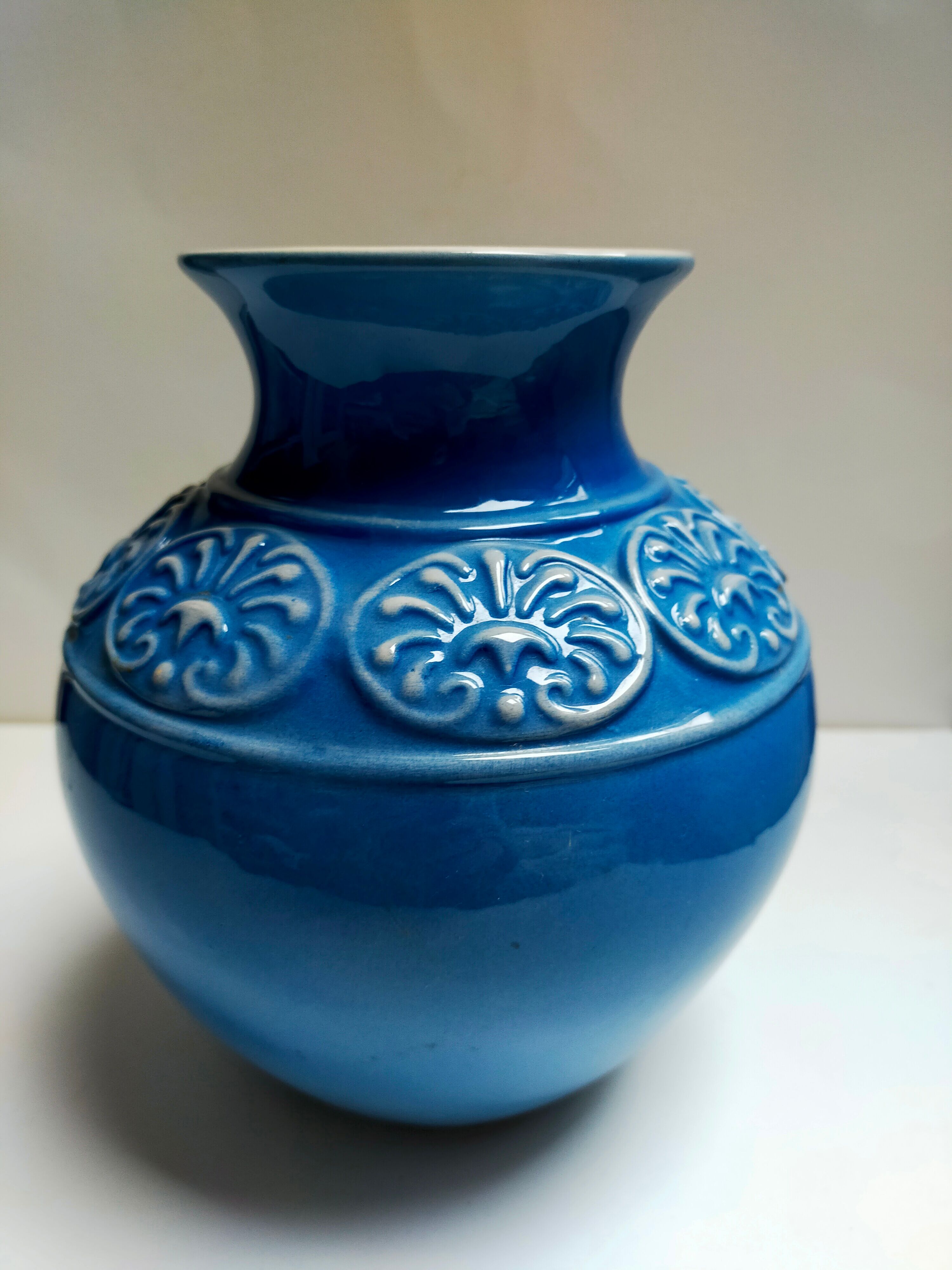 Ceramic vase ball blue art deco vintage carved numbered