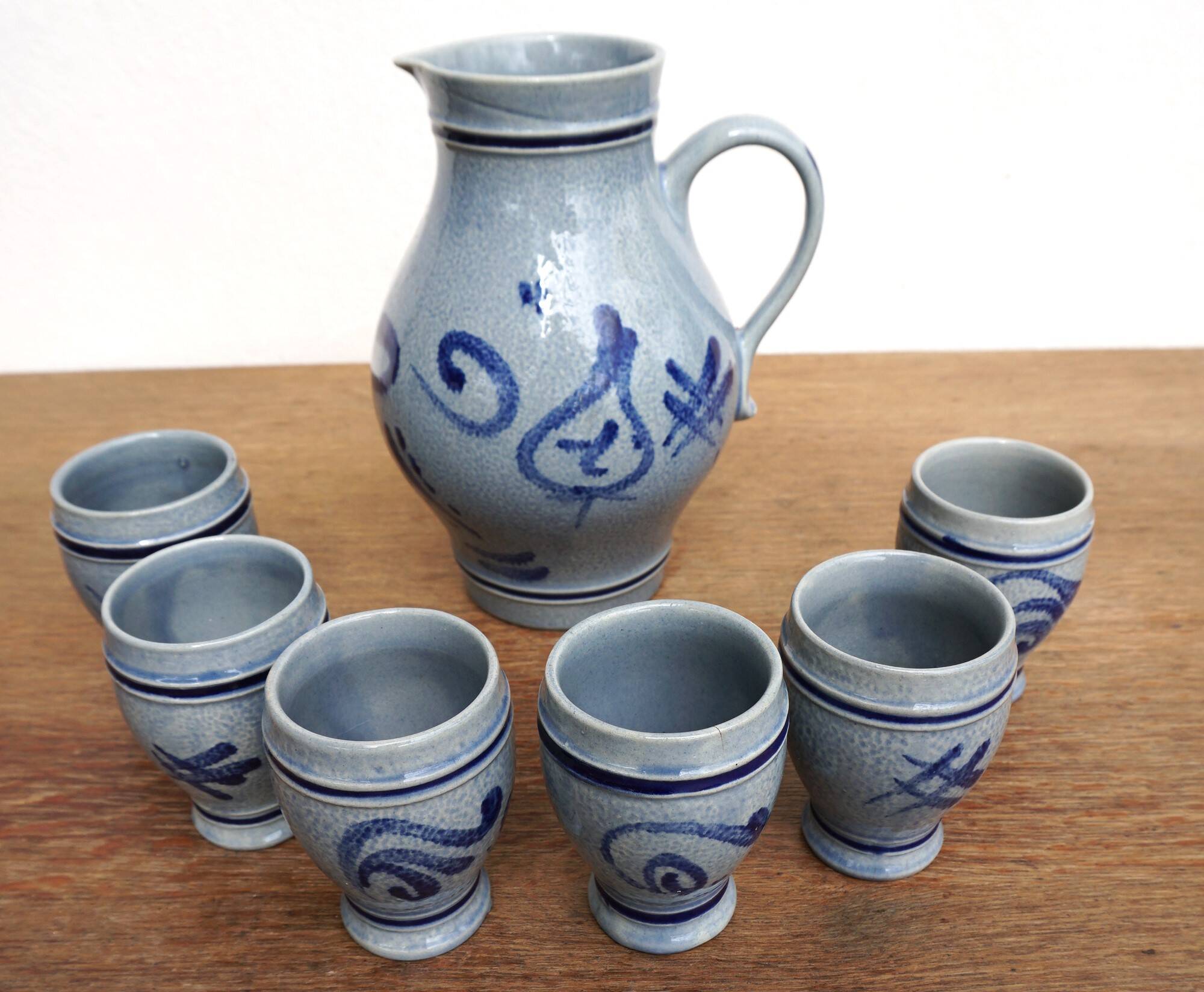 Pitcher and 6 glasses in vintage blue stoneware Marzi & Rémy German pottery