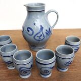 Pitcher and 6 glasses in vintage blue stoneware Marzi & Rémy German pottery