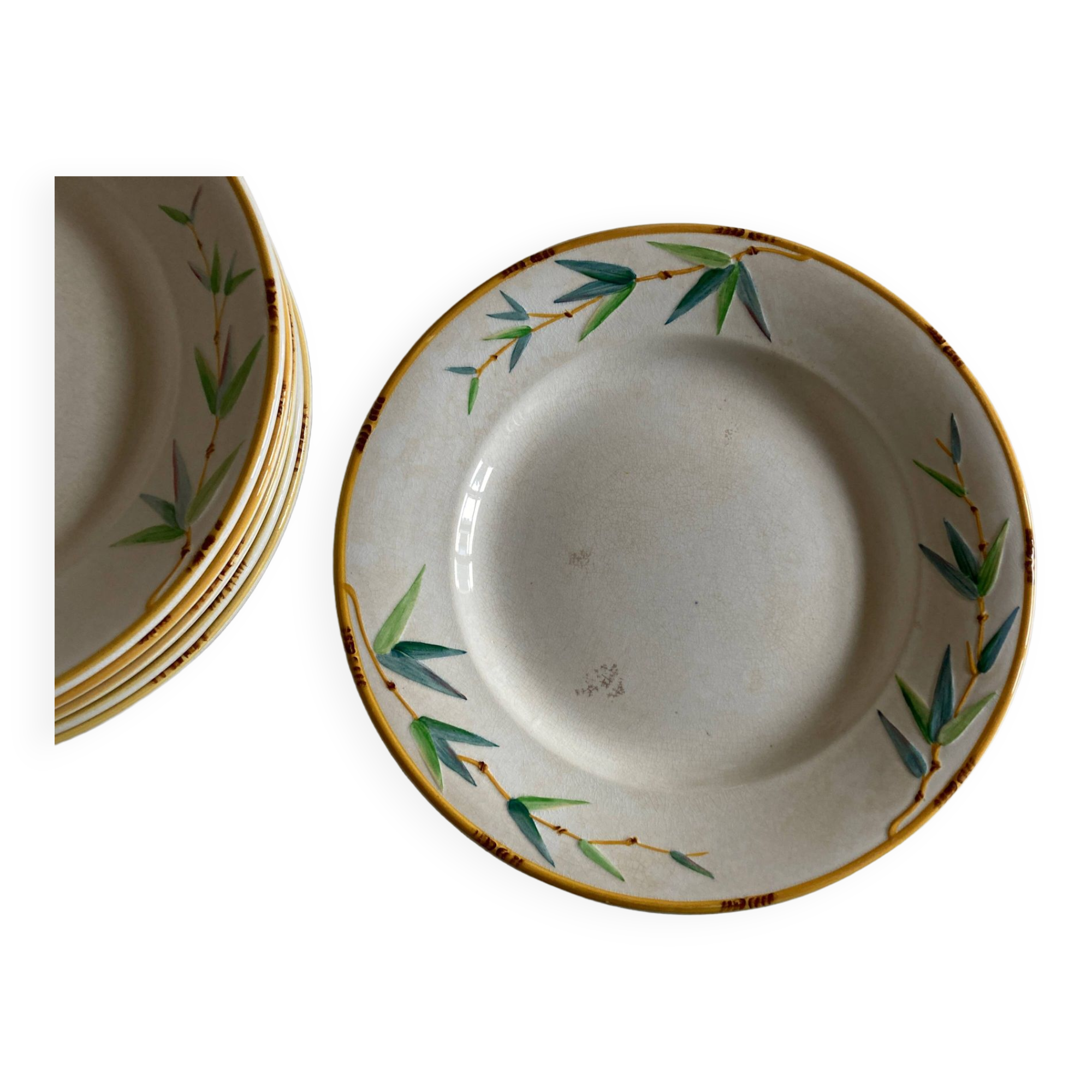Set of 7 Sarreguemines Bamboo 1880 ironstone plates