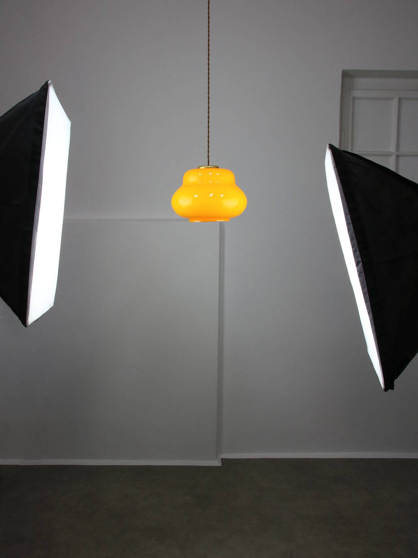 Mid-Century Italian Yellow Glass and Brass Pendant Lamp