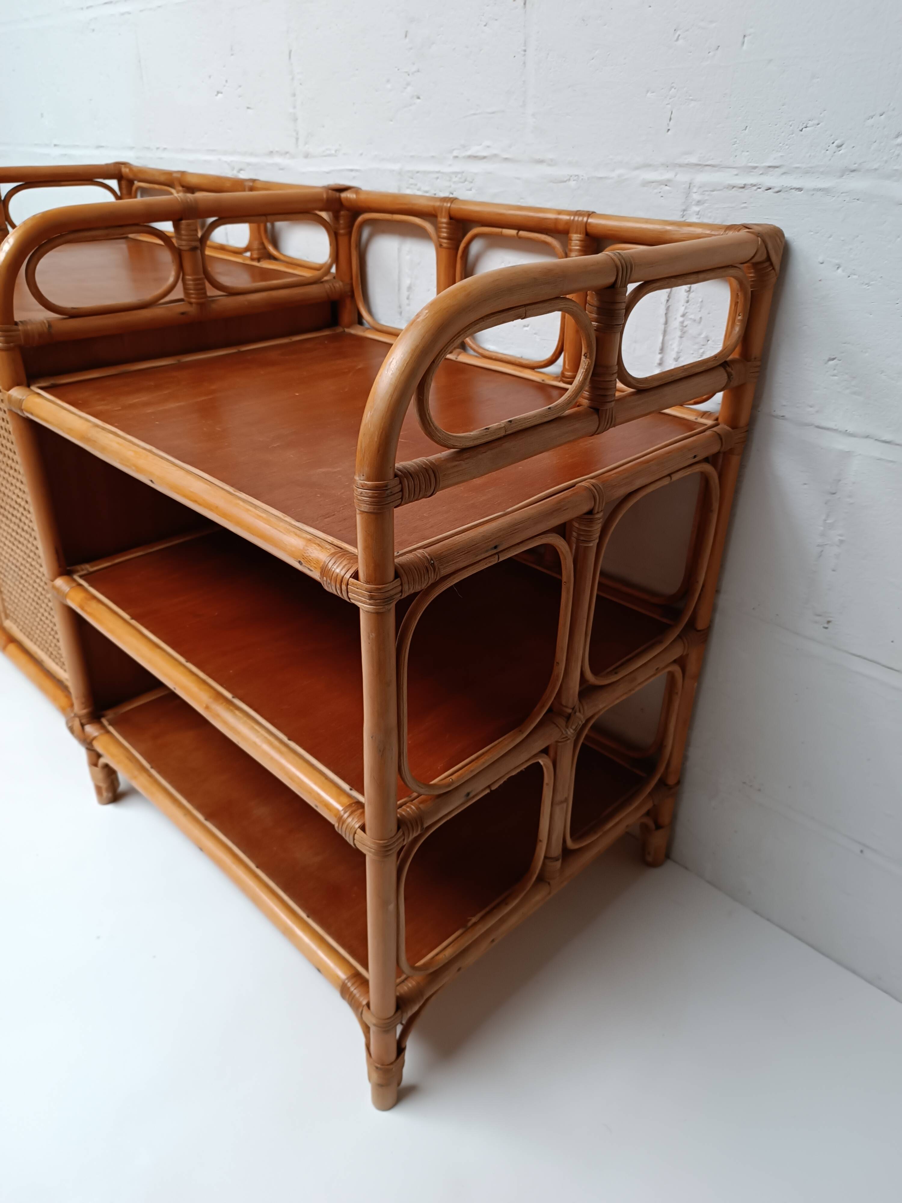 Vintage cane rattan and wood sideboard