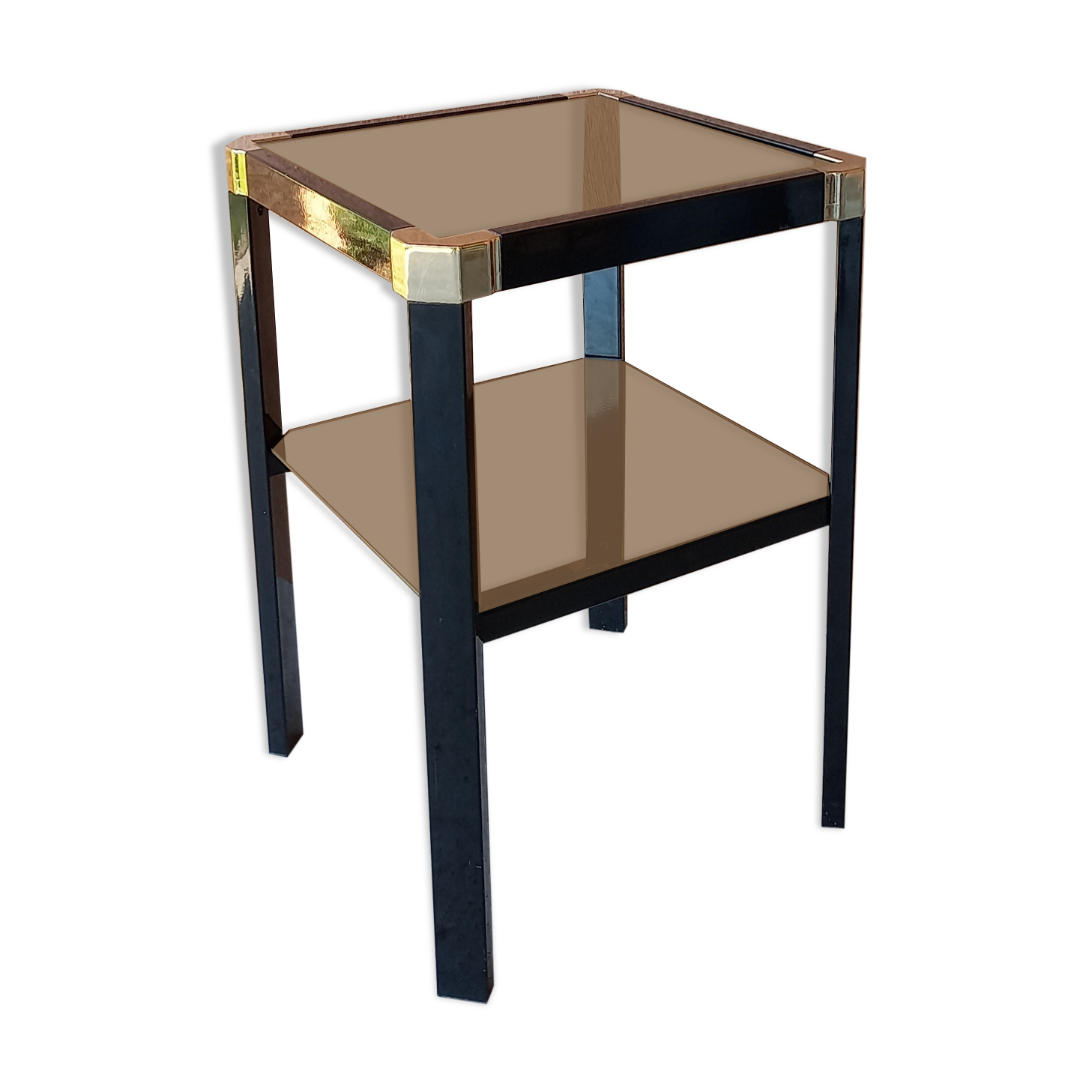 Romeo REGA side table, black lacquered metal and gilded bronze, 2 trays in smoked mirrors. TBE