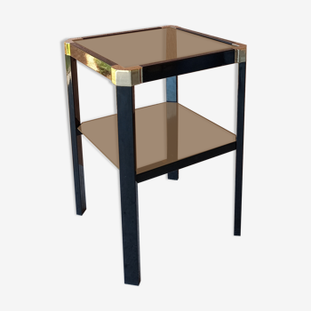 Romeo REGA side table, black lacquered metal and gilded bronze, 2 trays in smoked mirrors. TBE