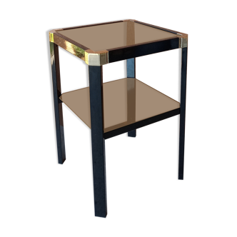Romeo REGA side table, black lacquered metal and gilded bronze, 2 trays in smoked mirrors. TBE