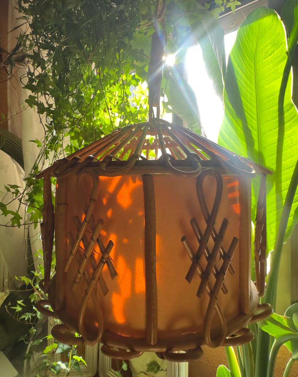 Hanging bamboo lamp with chinoiserie details by Louis Sognot, France, 1950.