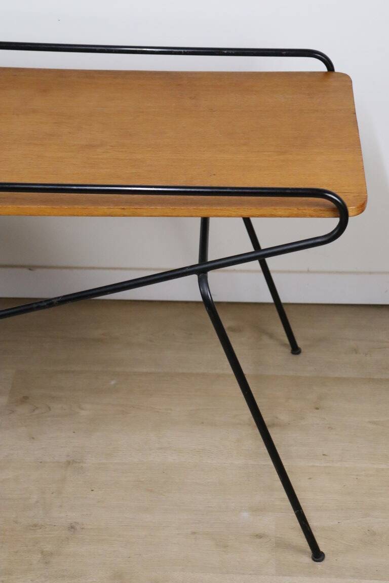 Vintage side coffee table in black lacquered metal and oak, 1950