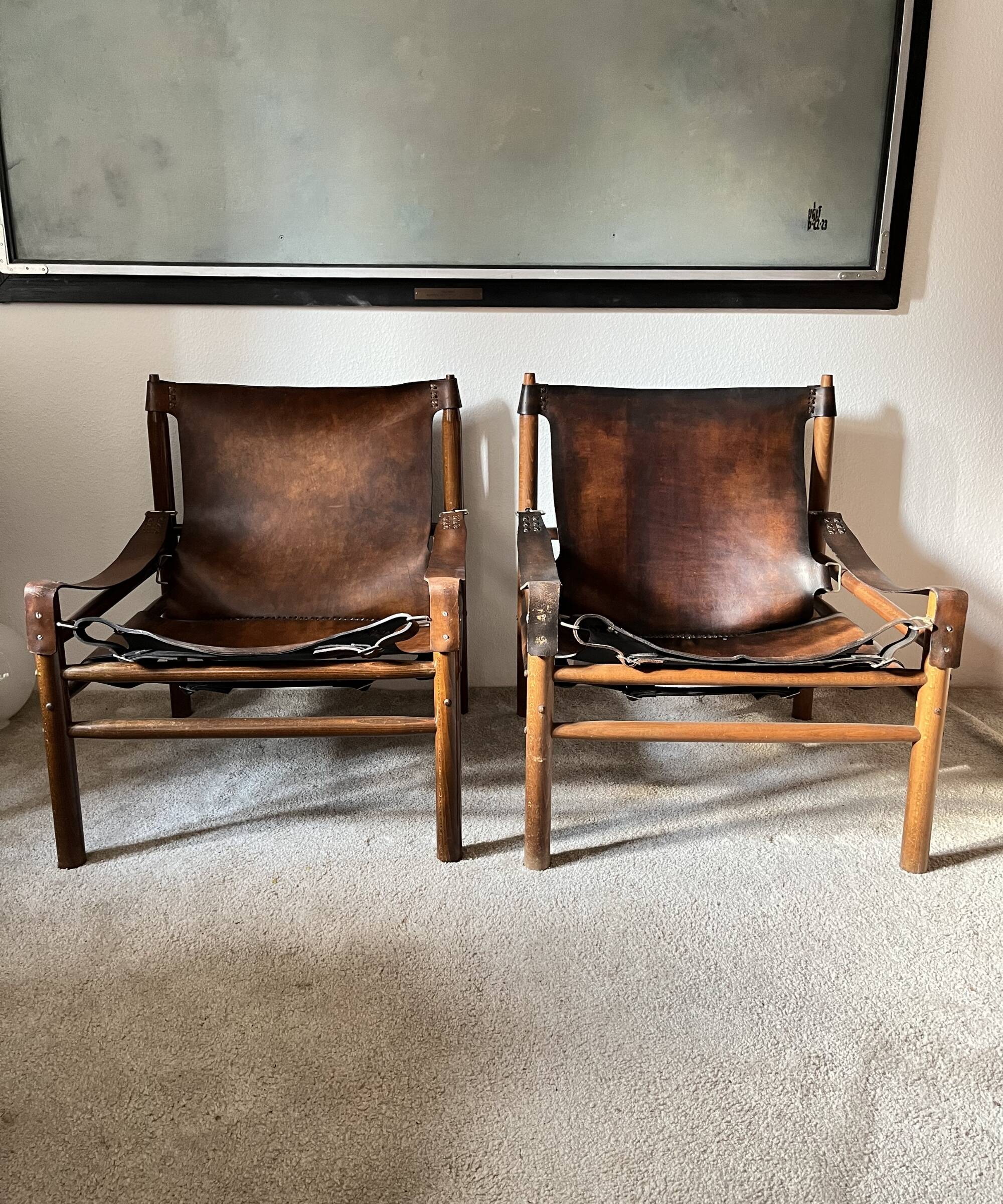 Buffalo Leather Safari Armchair in Pair, Solid Oak Frame, Vintage Style, 19