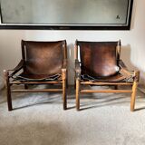 Buffalo Leather Safari Armchair in Pair, Solid Oak Frame, Vintage Style, 19