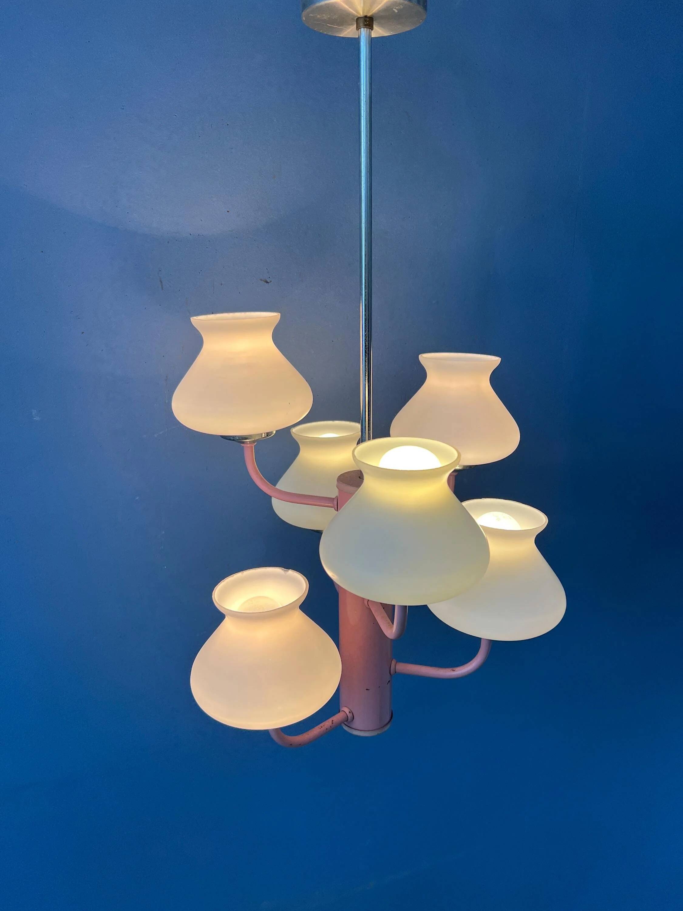 Mid-century opaline glass chandelier with a pink structure.