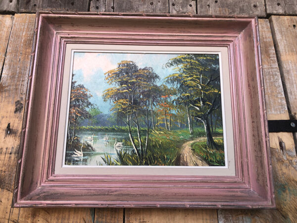 Tableau huile sur toile mau louis bord de rivière + cadre bois #a217