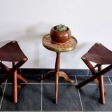 Set of teak and leather tripod stools