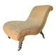 Antique brown recamier armchair in fabric and wood, S-shaped silhouette and turned legs.