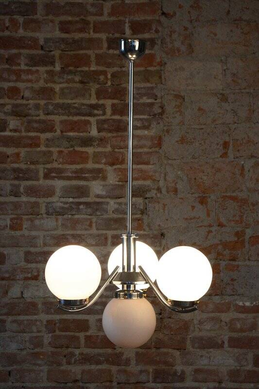 Art Deco Chandelier in Chrome-Plated Steel and Opal Glass, Czech, 1920s