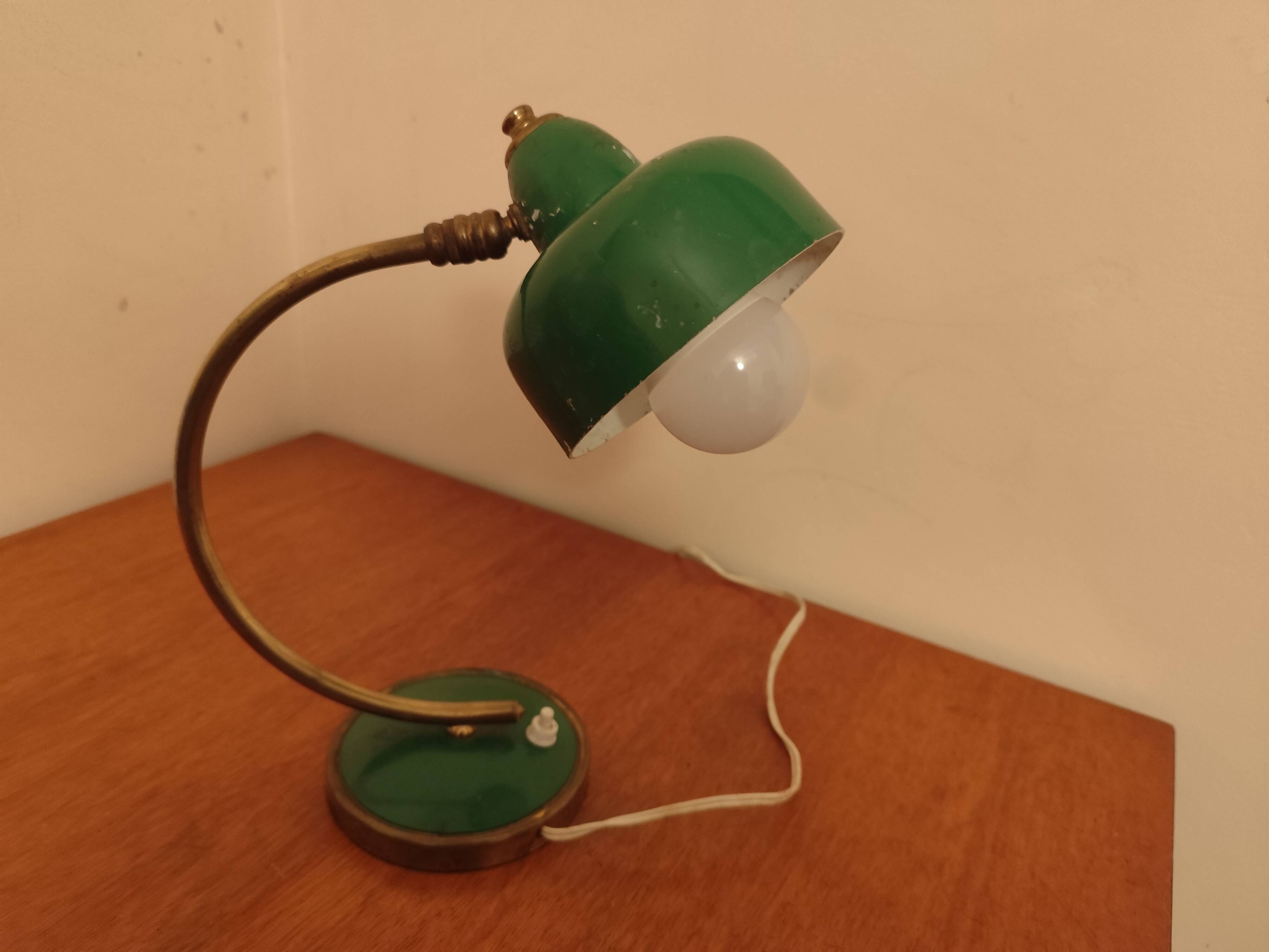 Vintage Scandinavian Art Deco desk lamp from the 40s, golden brass, retro, moon shape, swan neck