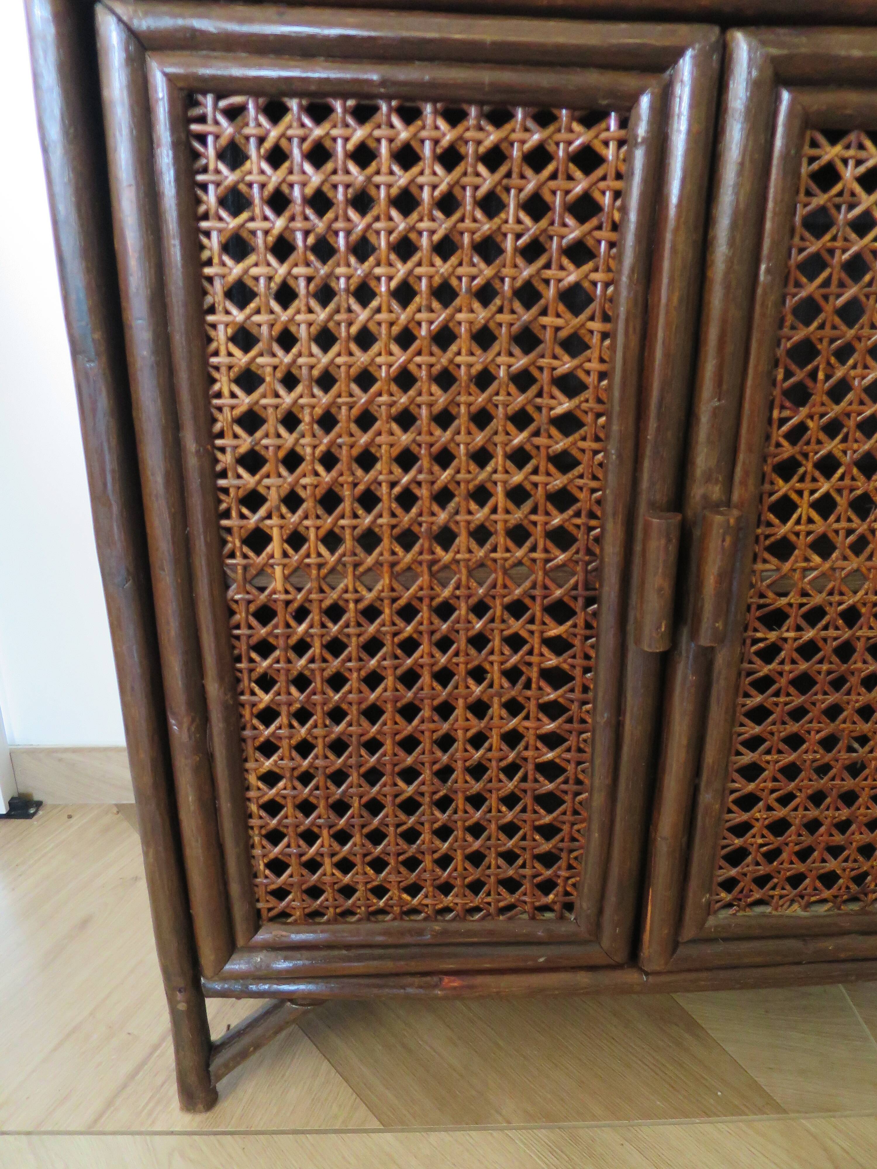 Retro-vintage-Low sideboard-library - cane-wood-rattan-1960s