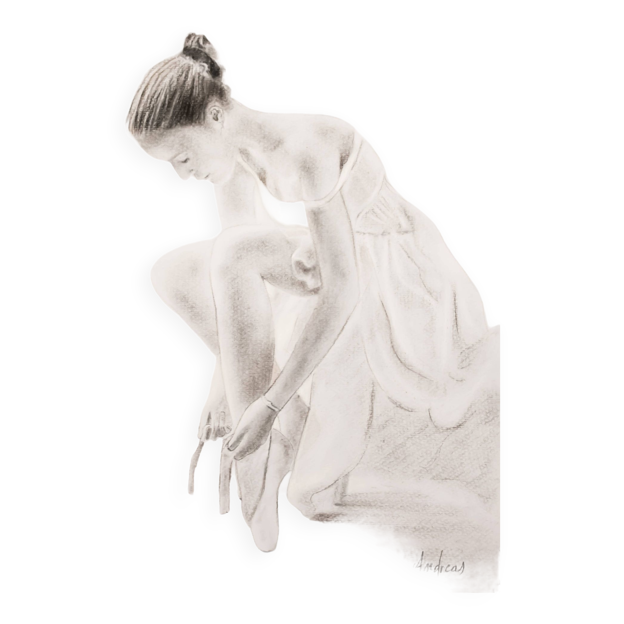 Charcoal drawing representing a seated dancer. Dancer painting.