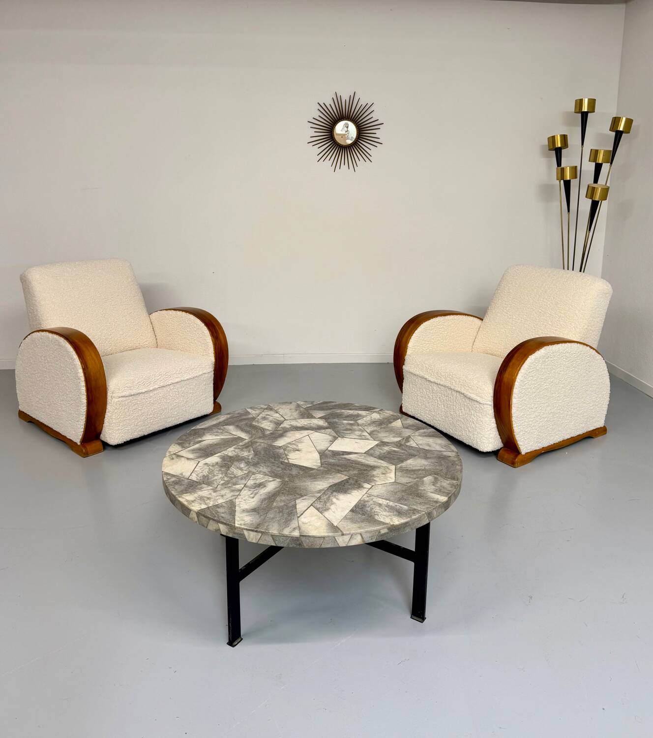 2 antique Art Deco club chairs from the 1930s, bentwood frame, bouclé fabric