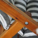 Mid-century dining/lounge chairs in pine and striped cotton canvas, Denmark, 1970s.