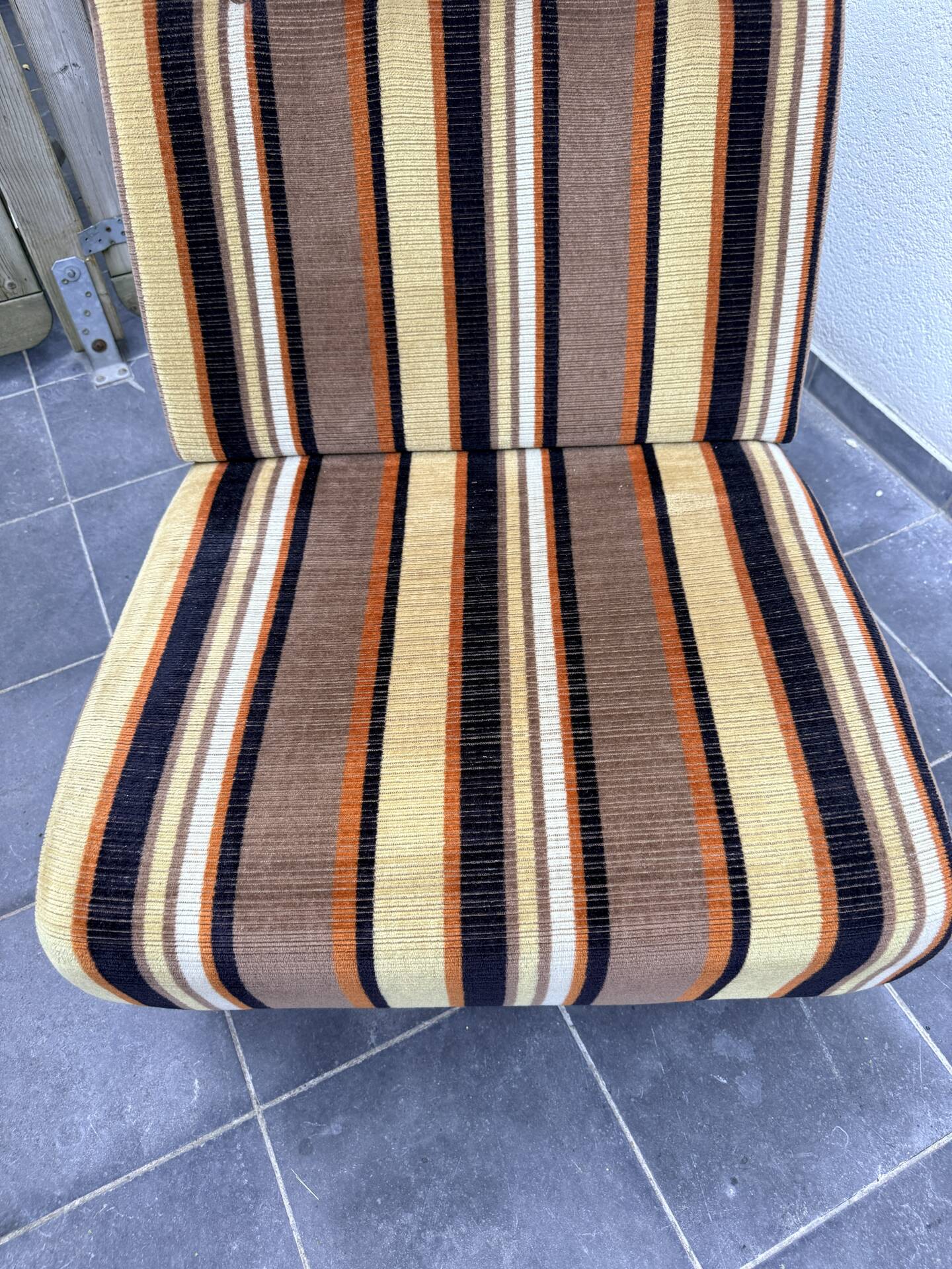 Vintage 1970s lounge chair – striped orange, brown, and cream velvet