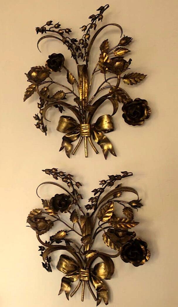 Pair of gold plated wall double candleholders with roses by Hans Kögl, 1960