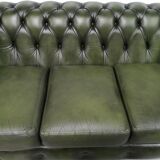 Three-seater green leather Chesterfield sofa