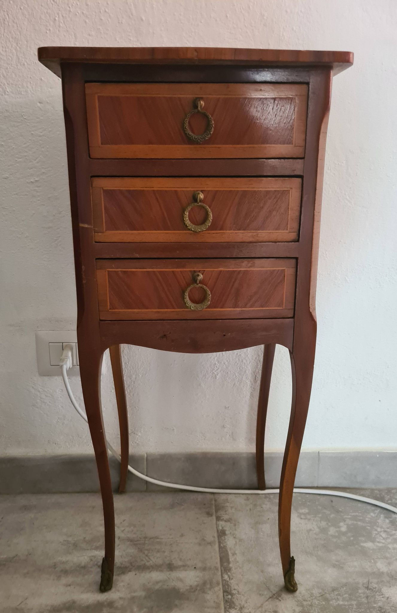 Vintage Italian Louis XV Style Side Table with 3 Drawers – Inlaid Wood & Br