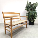 French vintage beech rush bench sofa 'Wabi Sabi style'