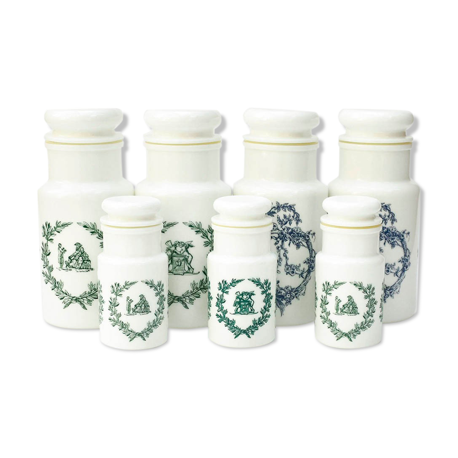 Lot 7 pots en verre d’opale blanc avec couvercle hermétique vintage
