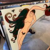 Art Deco style glass mirror, decorated on the reverse, with nude women, signed