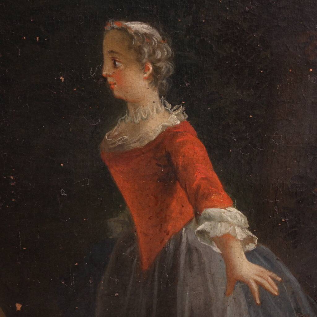 Antique French painting of children playing from the 18th century