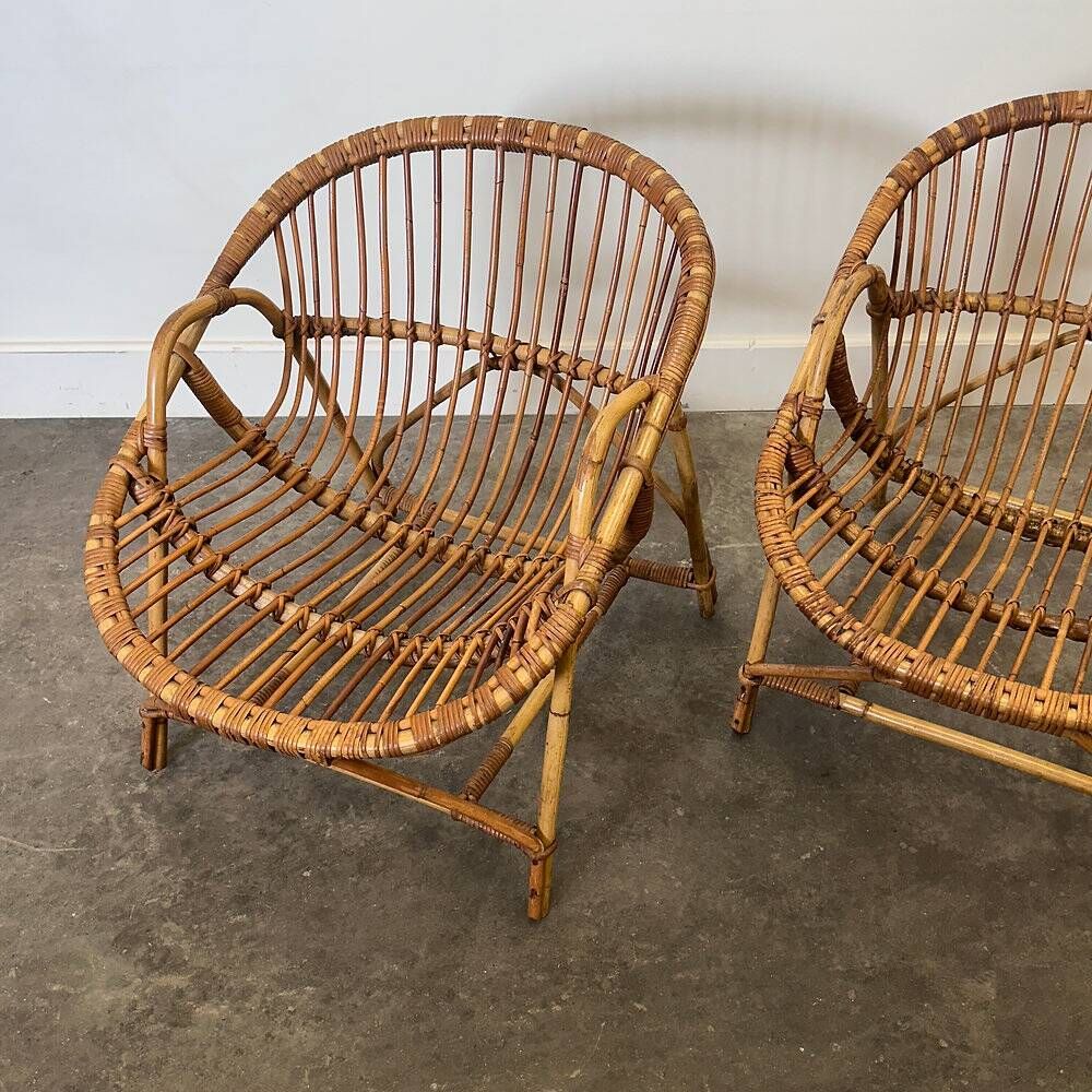 Mid-century French Riviera rattan lounge chairs – pair – 1960s organic design