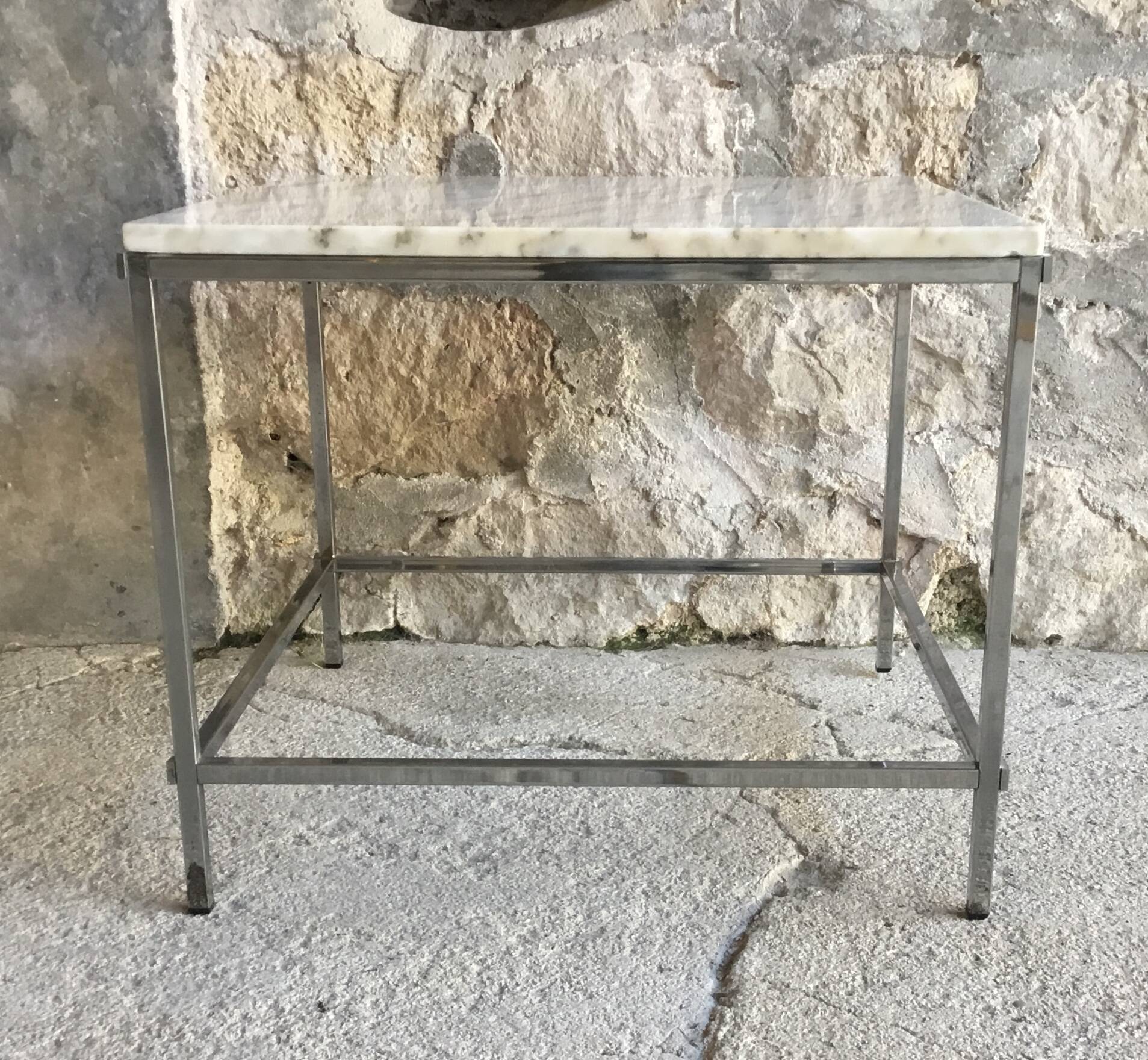 Square coffee table in marble and stainless steel - 1980s design