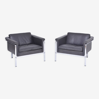 Pair of Dark Grey Leather Lounge Chairs by Horst Brüning for Kill International