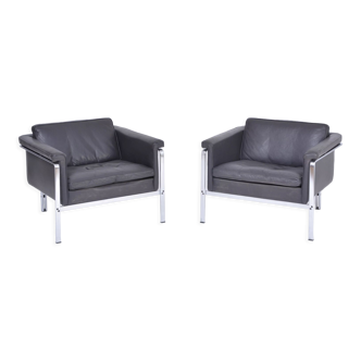 Pair of Dark Grey Leather Lounge Chairs by Horst Brüning for Kill International