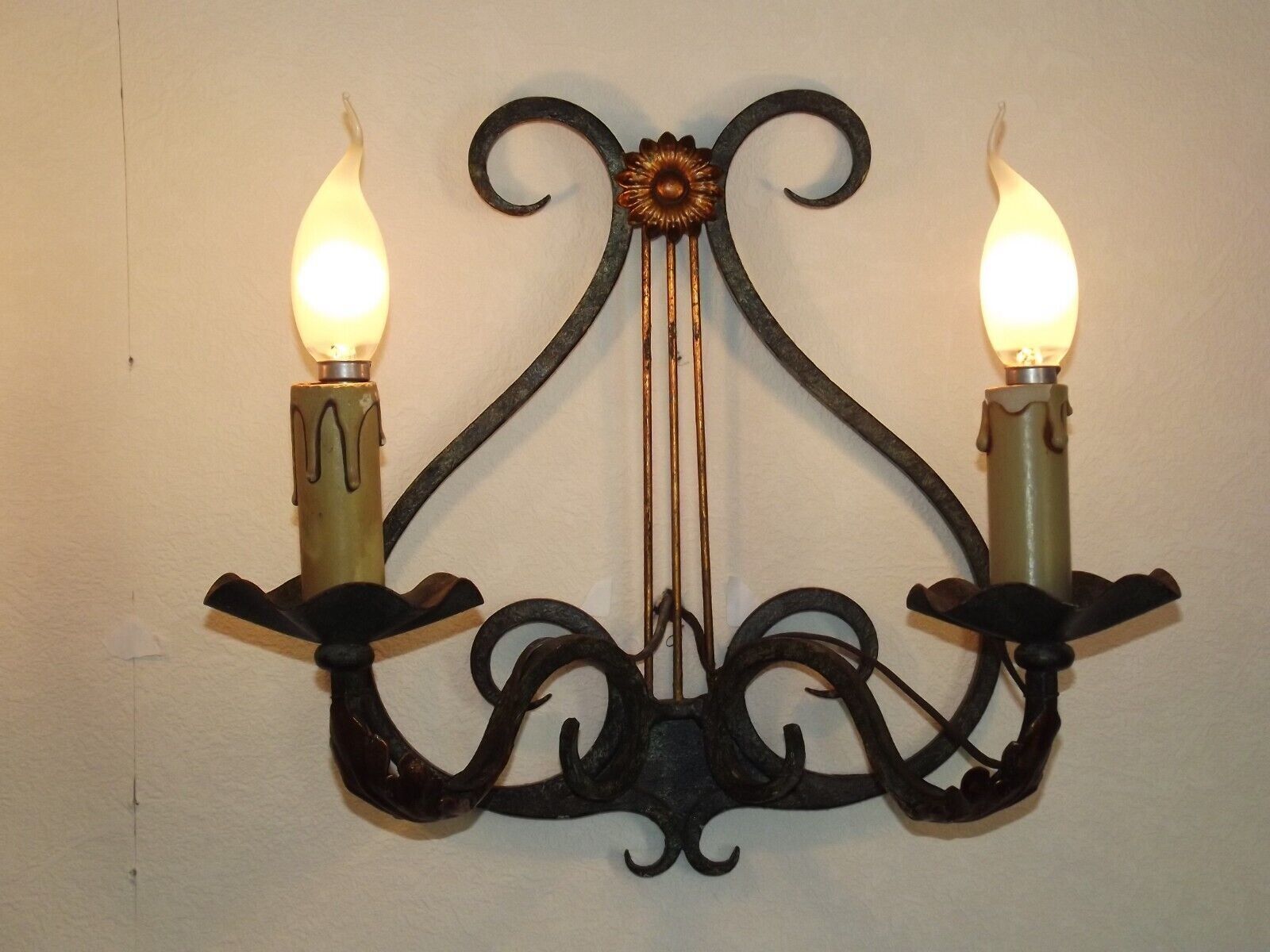 Pair of old antique French double lyre shape green wrought iron wall sconces