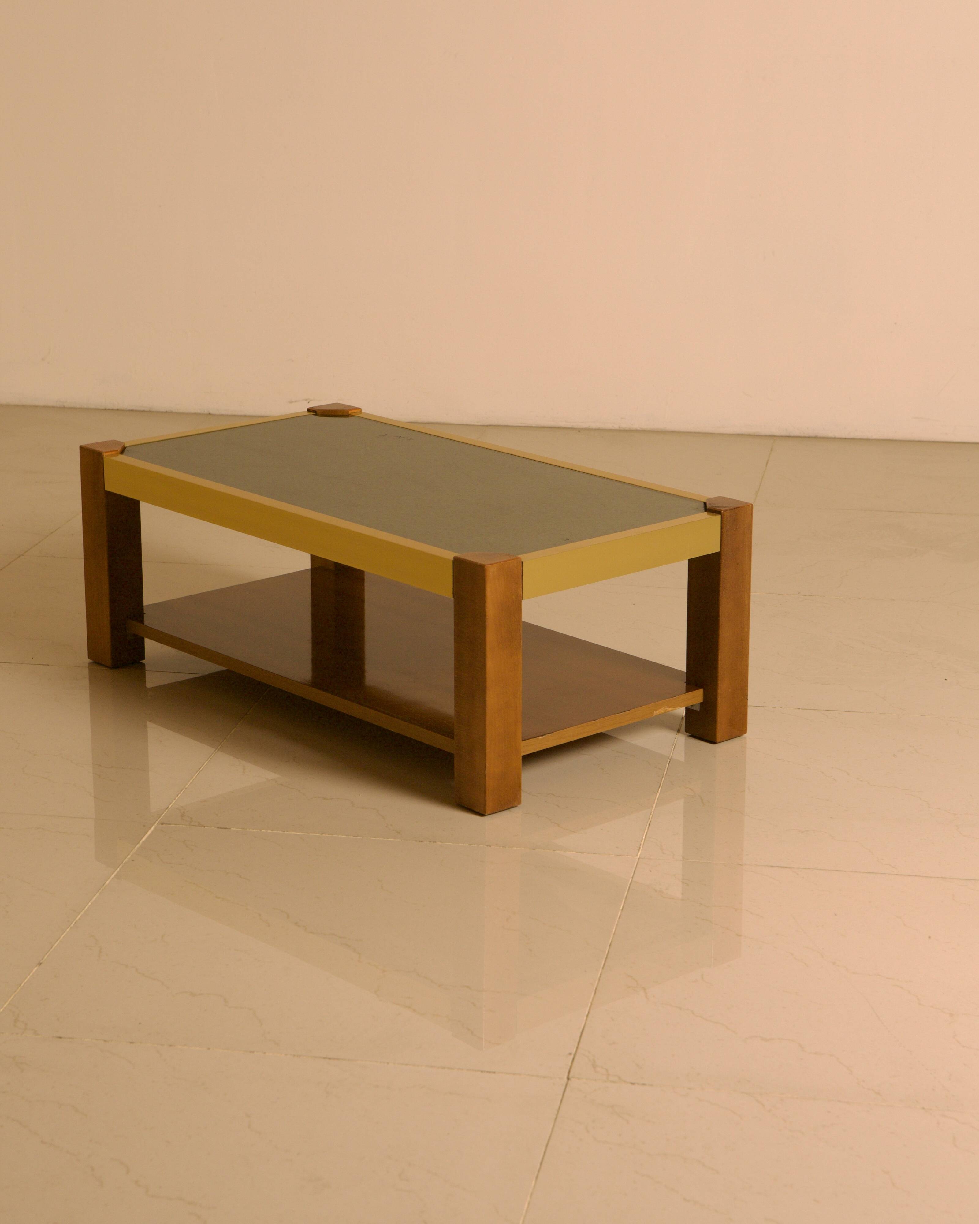 Rectangular Italian coffee table in wood and gold metal from the 70s.