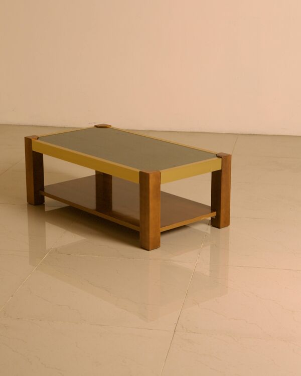 Table basse italienne rectangulaire en bois et métal doré 70's