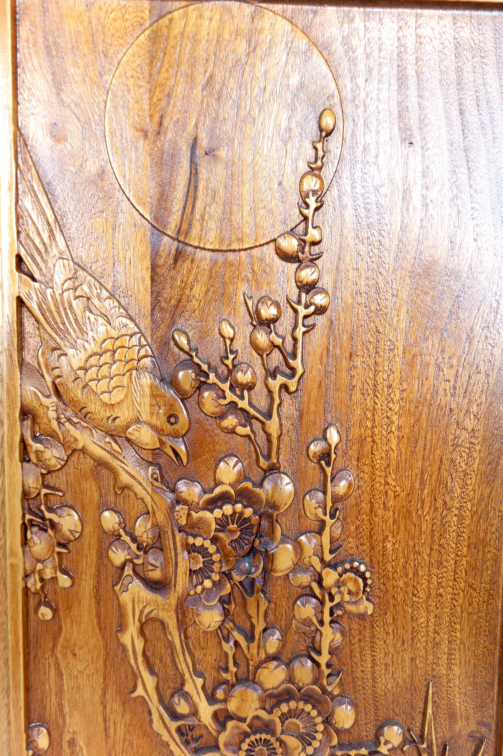 3 carved wooden panels, floral and animal decorations, Indochina