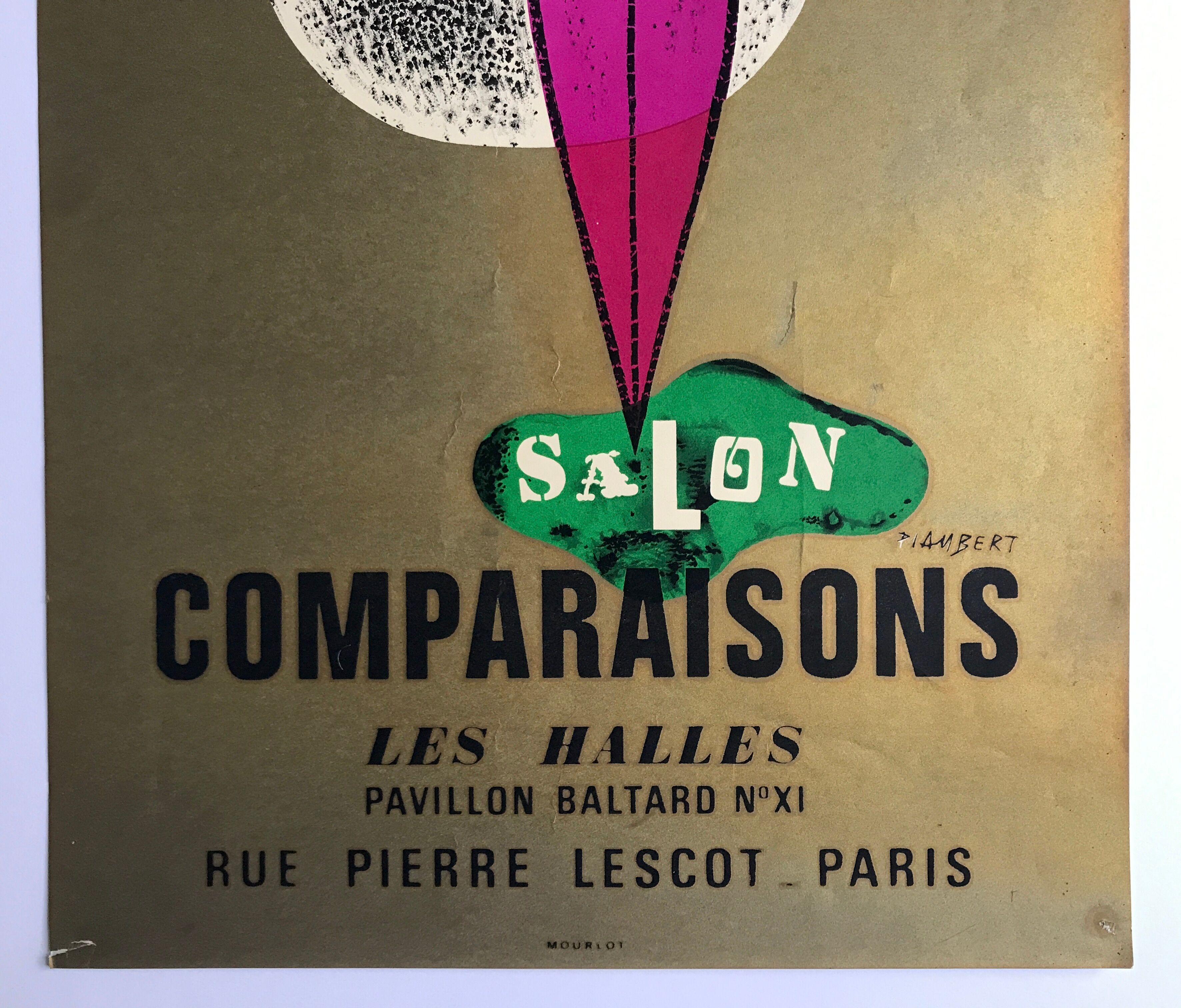 Poster in lithograph by jean piaubert, salon comparaisons, 1970, mourlot imp