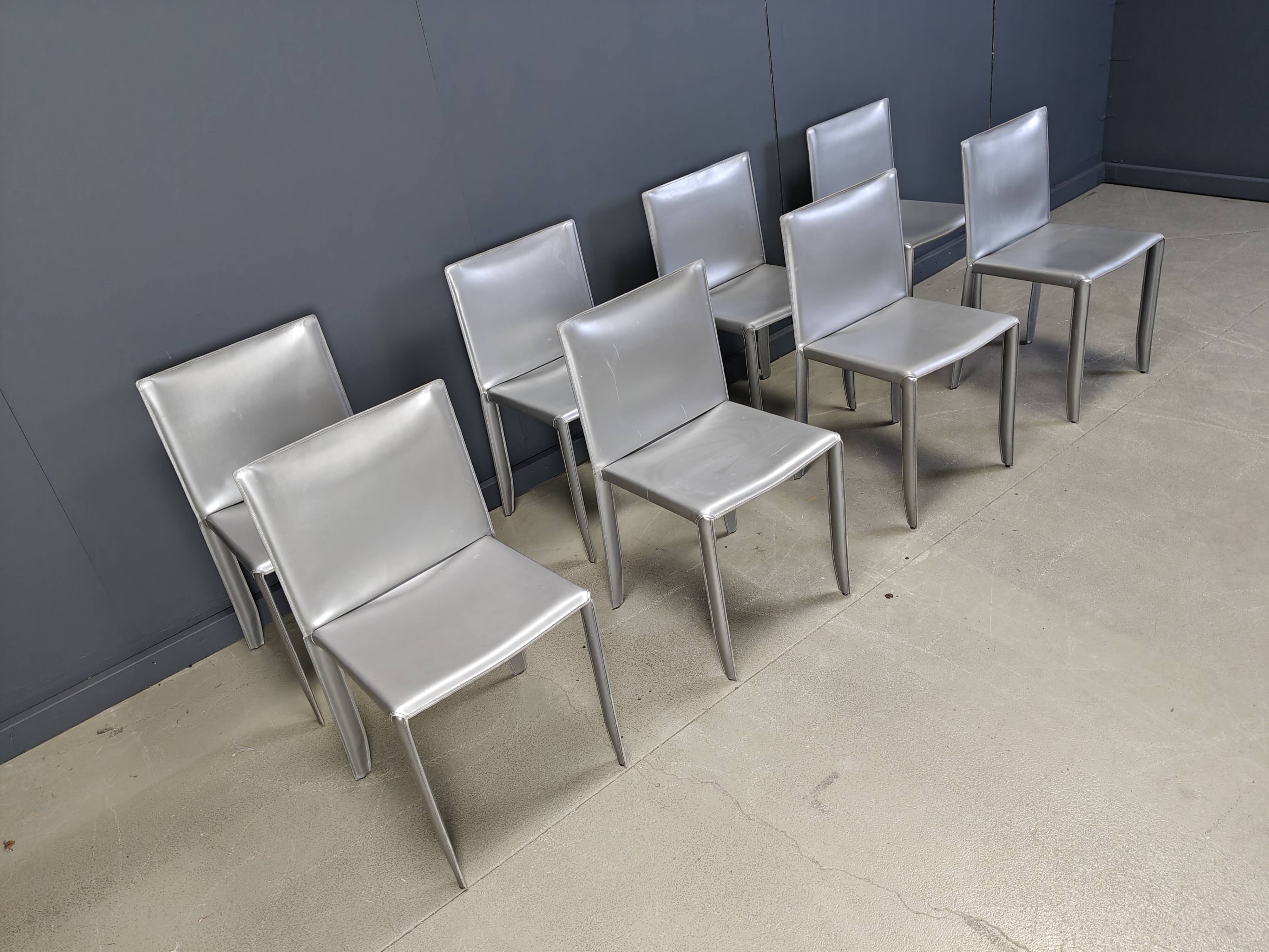 Chaises de salle à manger en cuir gris par Cattelan Italie, lot de 8 - années 1980