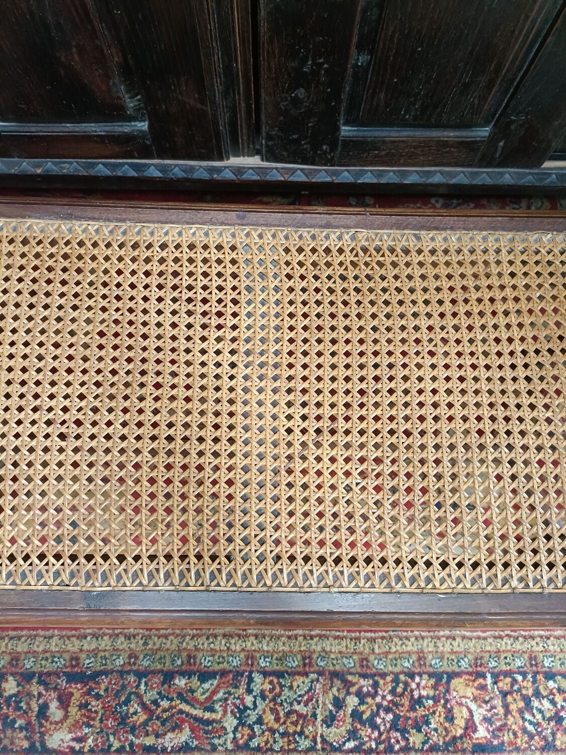 Wooden bench or piano bench with tanned seat