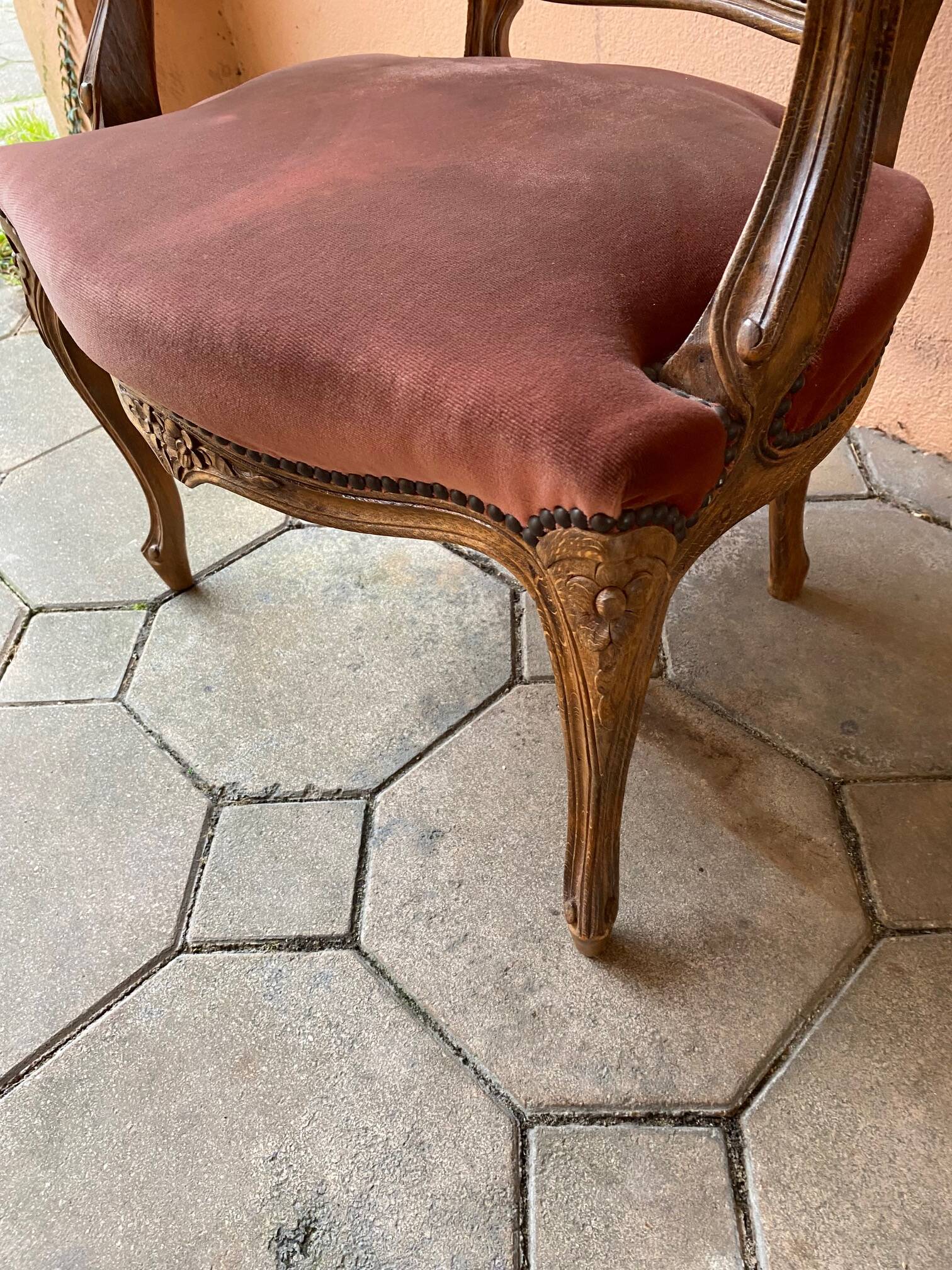 Pair of louis xv style bergeres armchairs with pink velvet armrests