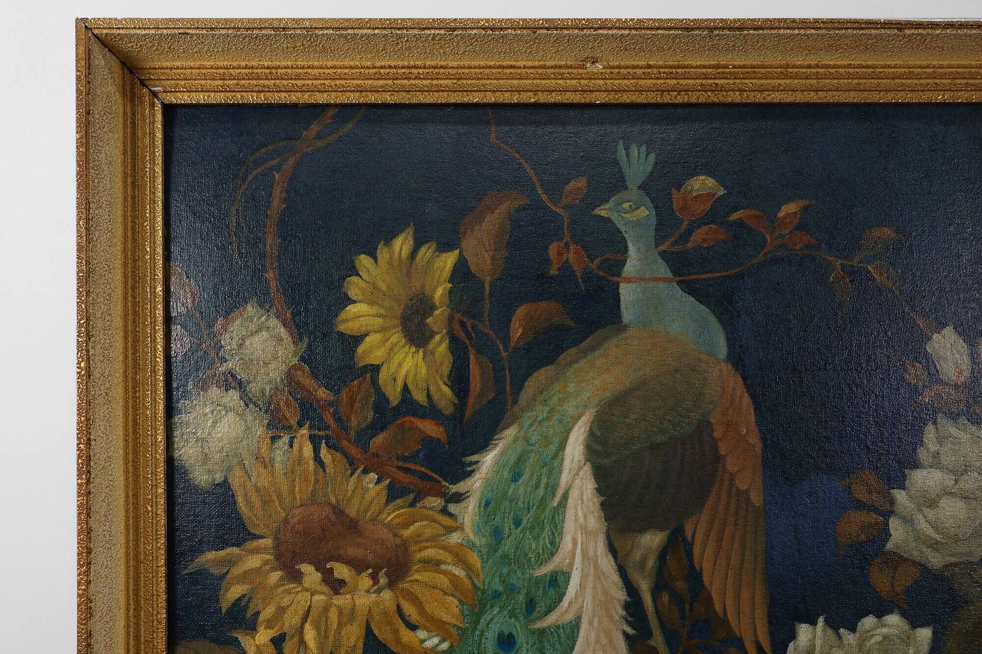 Signed Hollywood Regency style Painting of a Peacock with Roses, Belgium