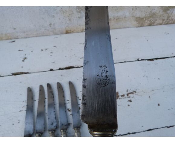 Ensemble de 6 couteaux anciens en corne et col argent lames acier marquées  poinçons | Selency