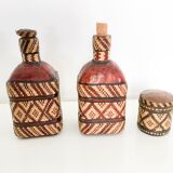 Lot of 2 ethnic leather-wrapped bottles and box