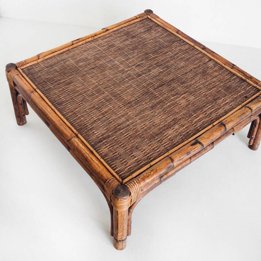 Vintage rattan and cane coffee table. France, 1970s