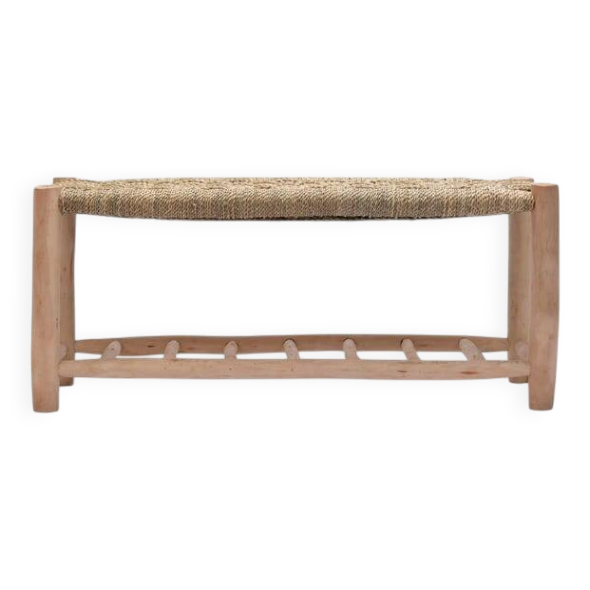 Handcrafted bench with shelves, raffia seat, natural wood bench