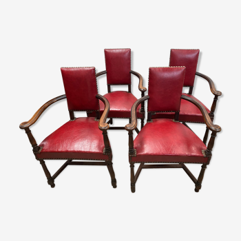 Suite of 4 old "caquetoire" armchairs, imitation red leather